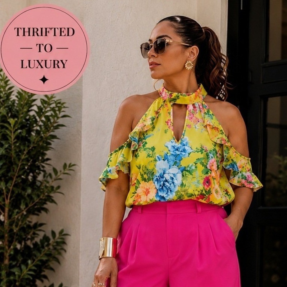 Sweet Pea New York & Co Floral Cold Shoulder Halter Top Yellow XXL Ruffle Blouse